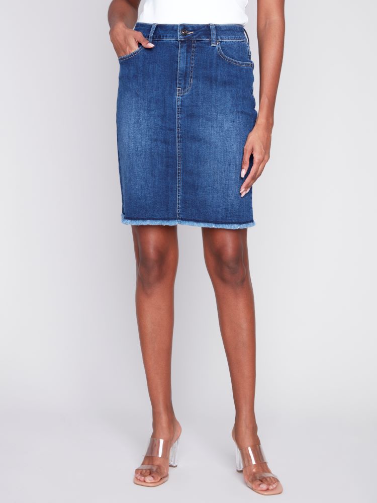 Charlie B Style: C7042Y/431A, Frayed Hem Denim Skort, front view