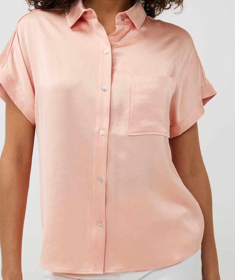 Short Sleeve Button Front Satin Blouse