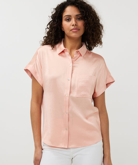 Short Sleeve Button Front Satin Blouse