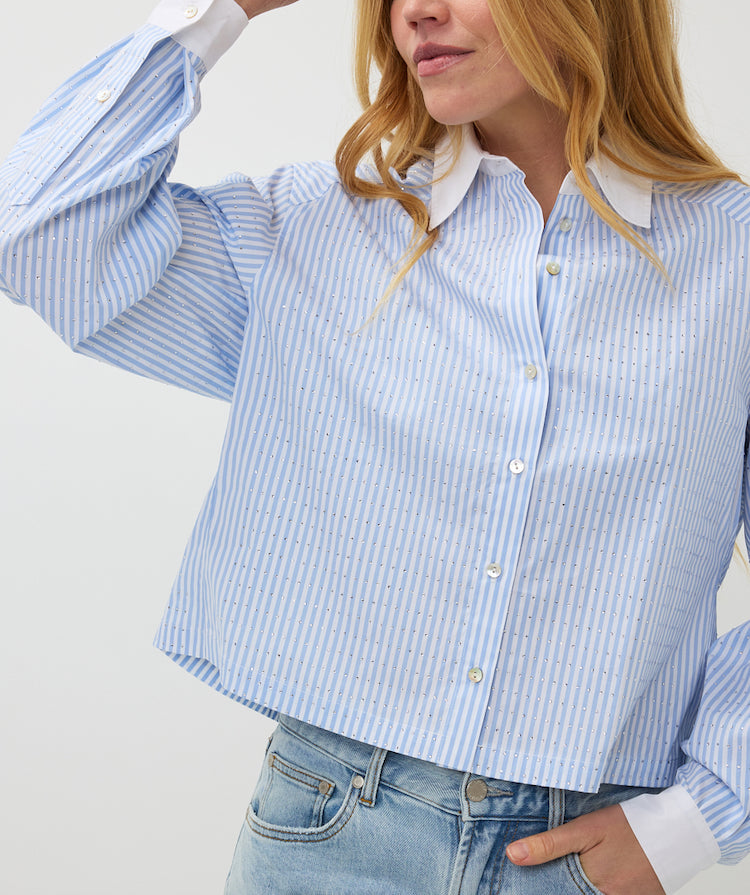 Rhinestone Stripe Button Front Blouse