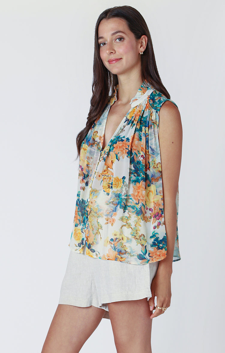 Sleeveless V-Neck Button Front Blouse