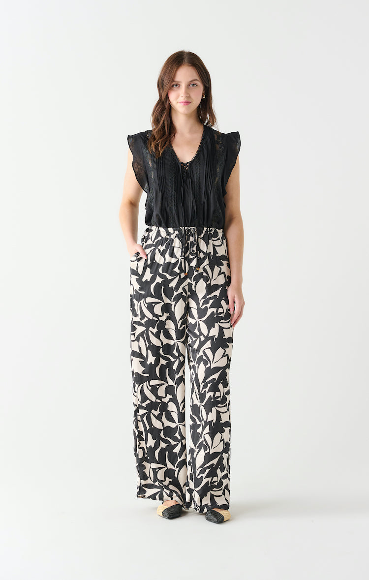 Black and Ivory Print Palazzo Pants, Black and Ivory Printed Wide