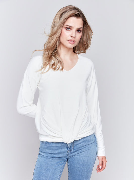 V-Neck Faux Knot Front Long Sleeve