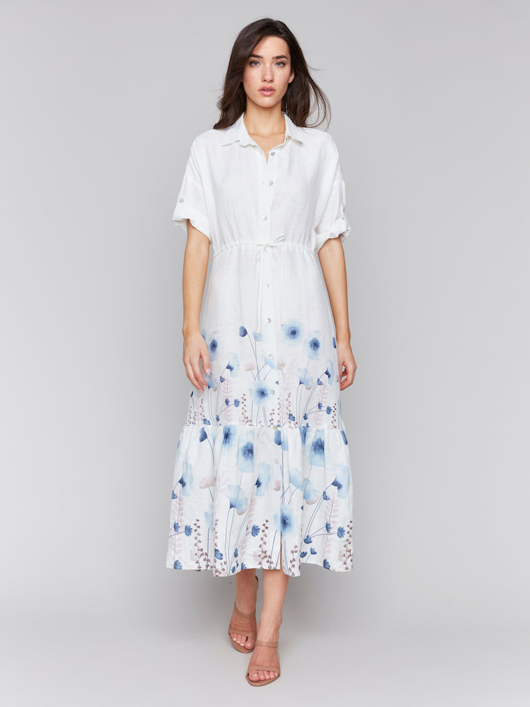 Button Front Floral Detail Midi Dress