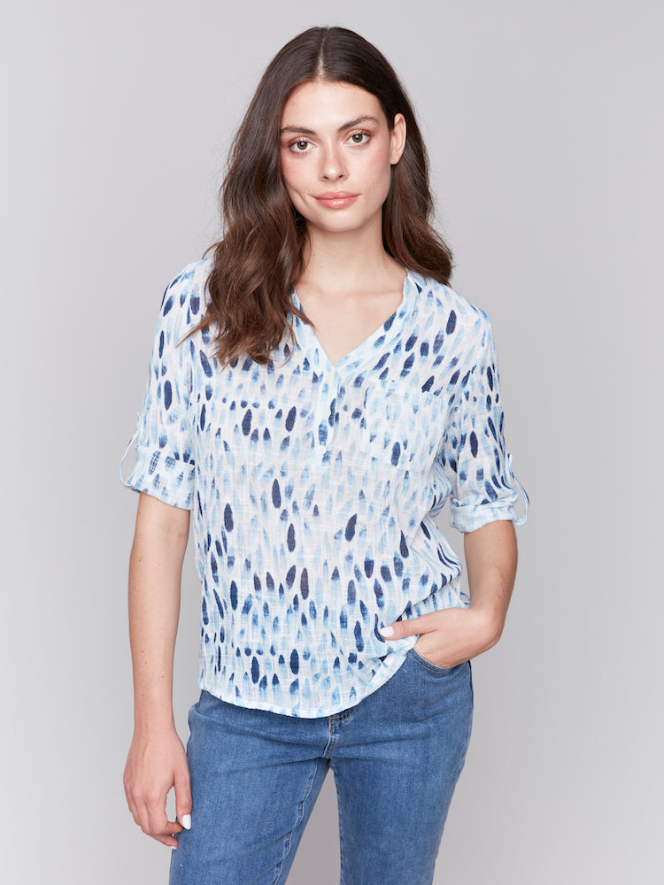 Printed Roll Up Sleeve Blouse