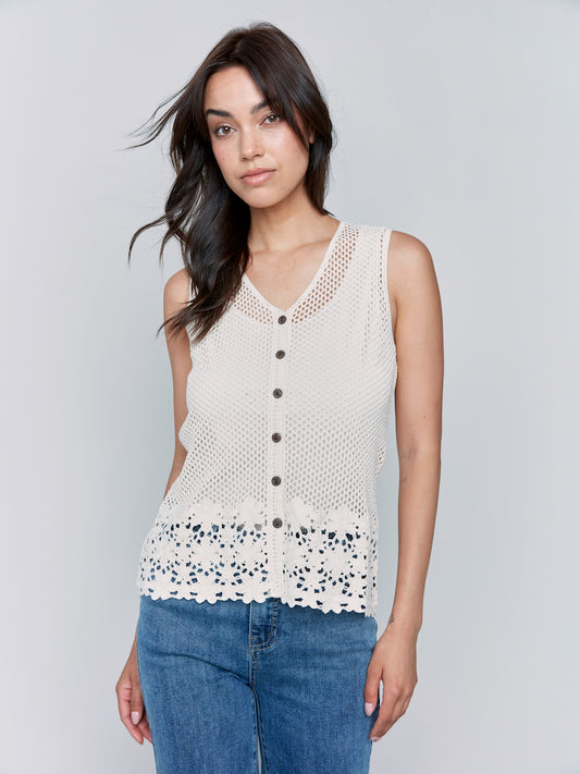 Button Front Crochet Sleeveless Top