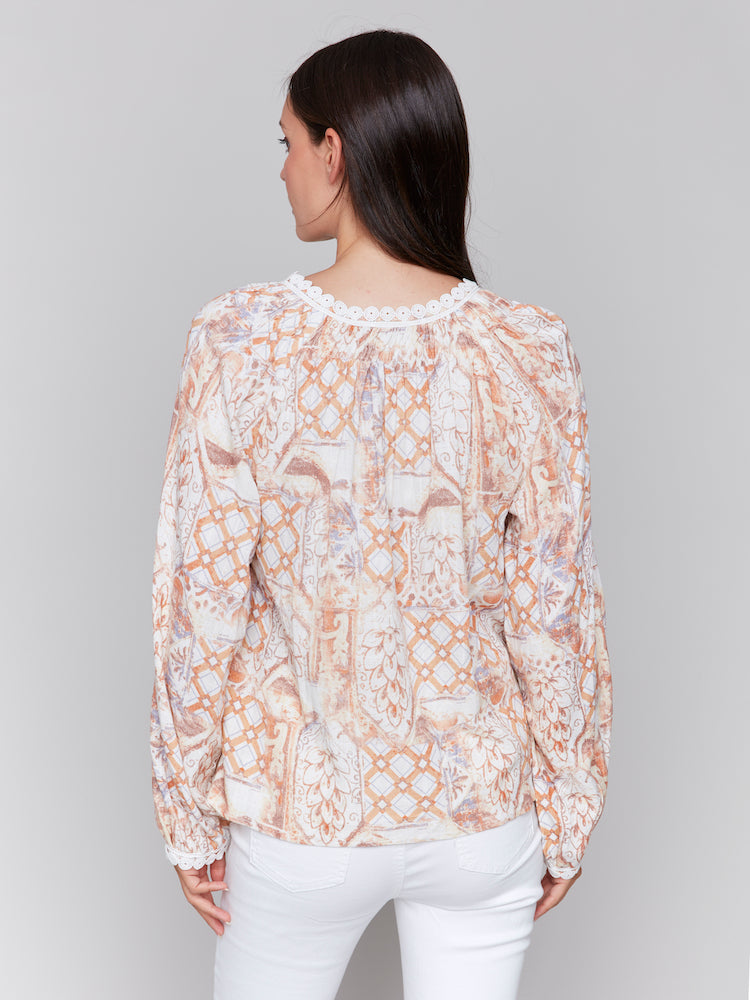 Long Sleeve Lace Trim Blouse