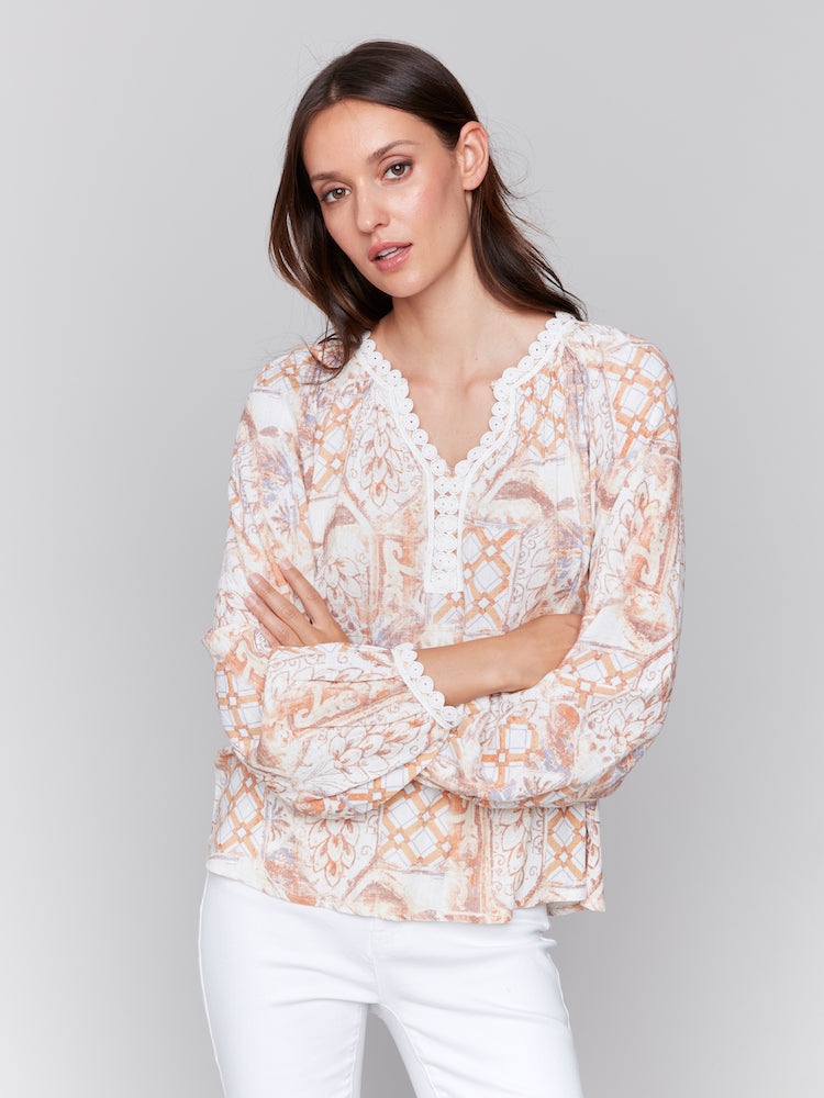 Long Sleeve Lace Trim Blouse