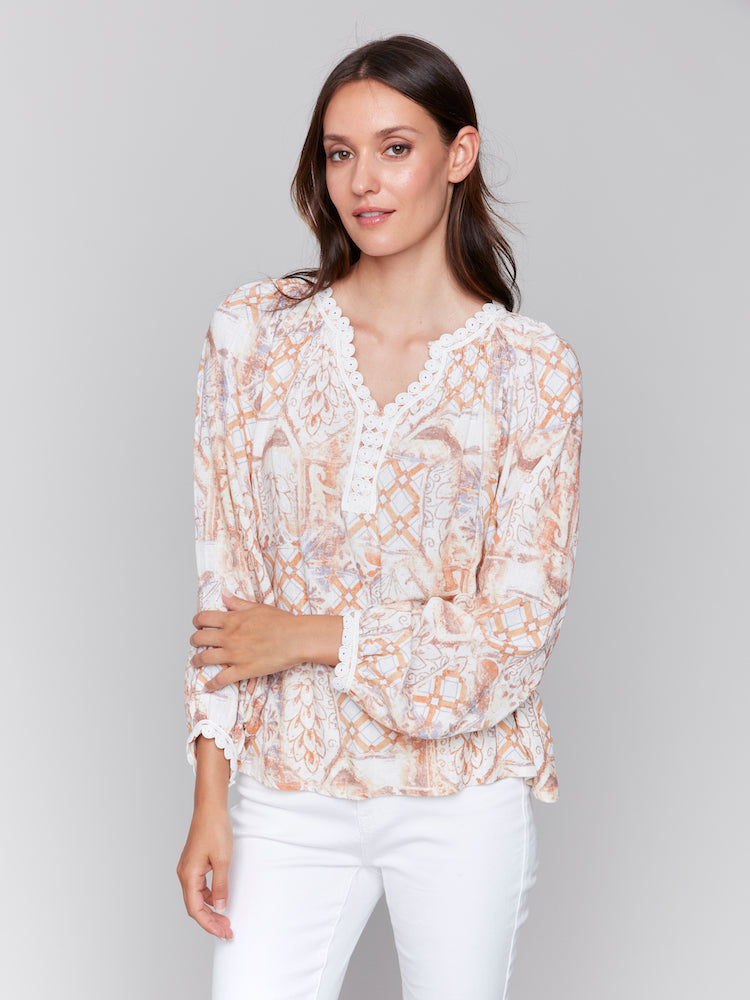 Long Sleeve Lace Trim Blouse