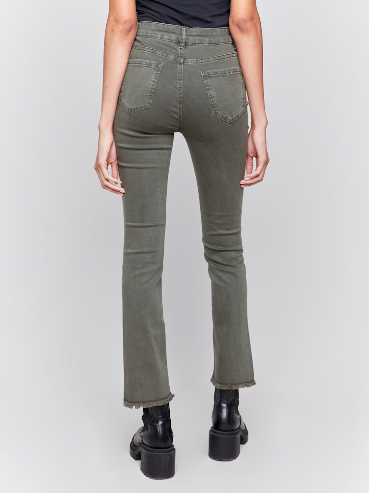 Bootcut Twill Pants with Asymmetrical Frayed Hem