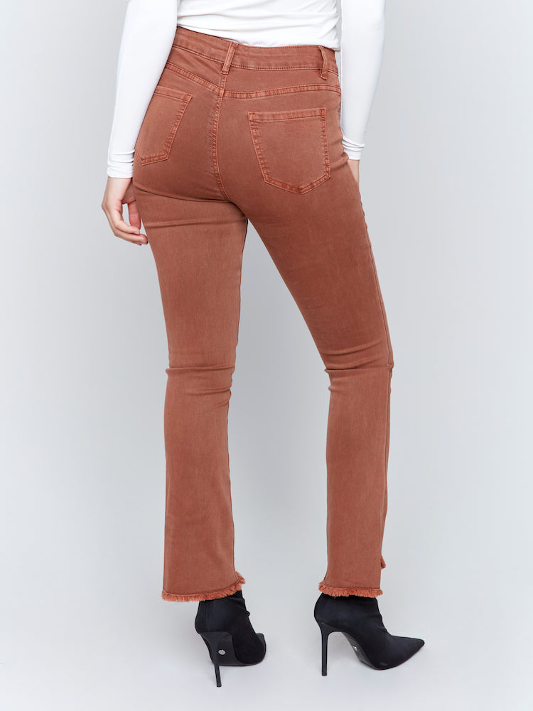 Bootcut Twill Pants with Asymmetrical Frayed Hem