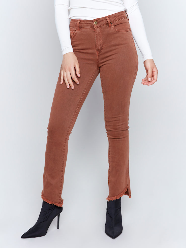 Bootcut Twill Pants with Asymmetrical Frayed Hem