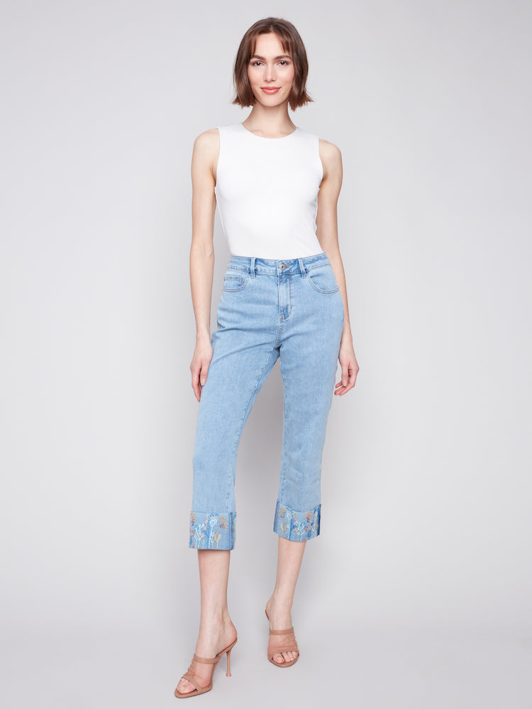 Embroidered Cuff Cropped Pant