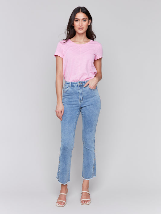 Cropped Boot Cut Jeans With Side Button Detail