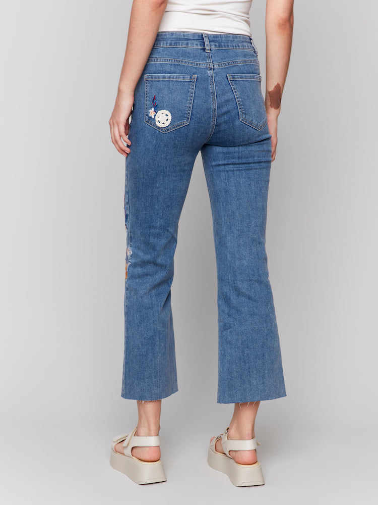 Cropped Flare Leg Jeans With Embroidery