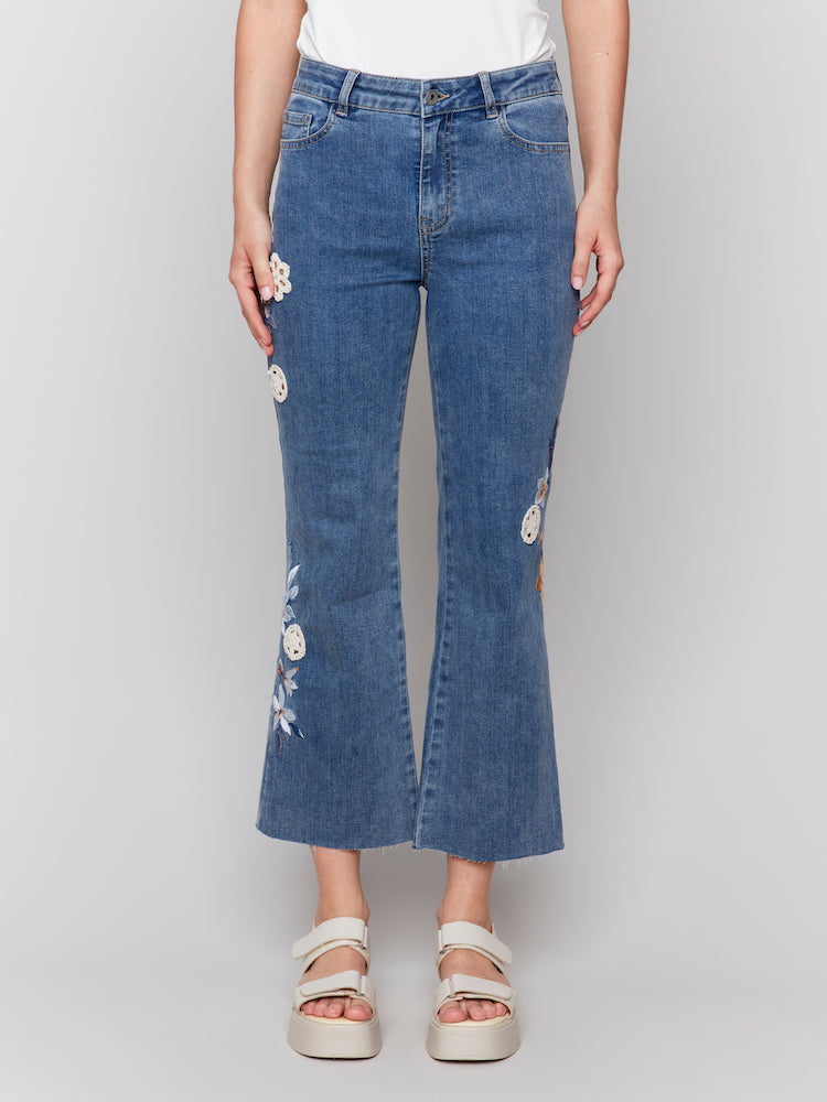 Cropped Flare Leg Jeans With Embroidery