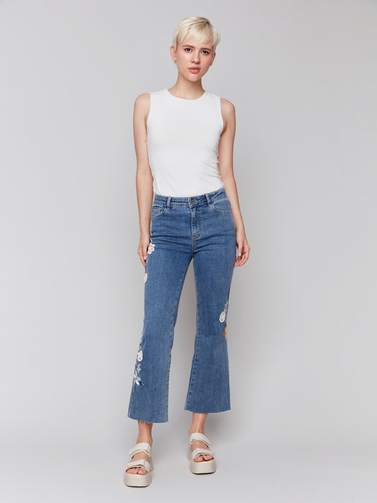 Cropped Flare Leg Jeans With Embroidery