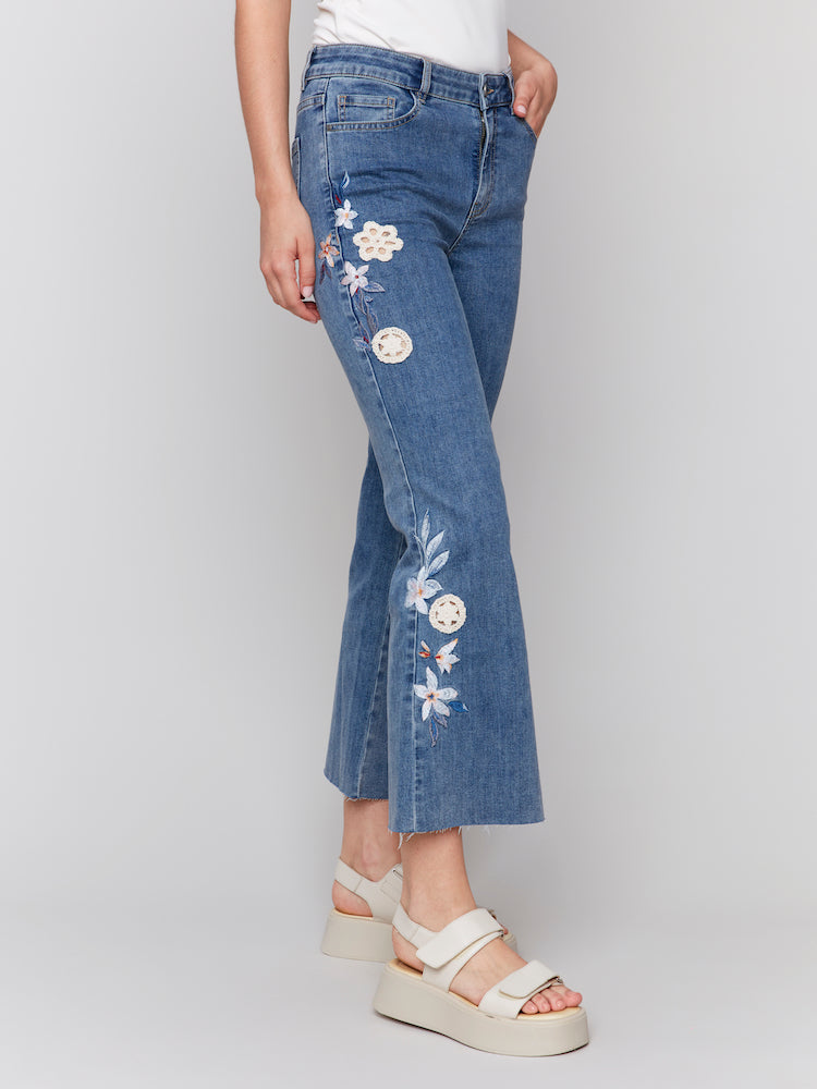 Cropped Flare Leg Jeans With Embroidery