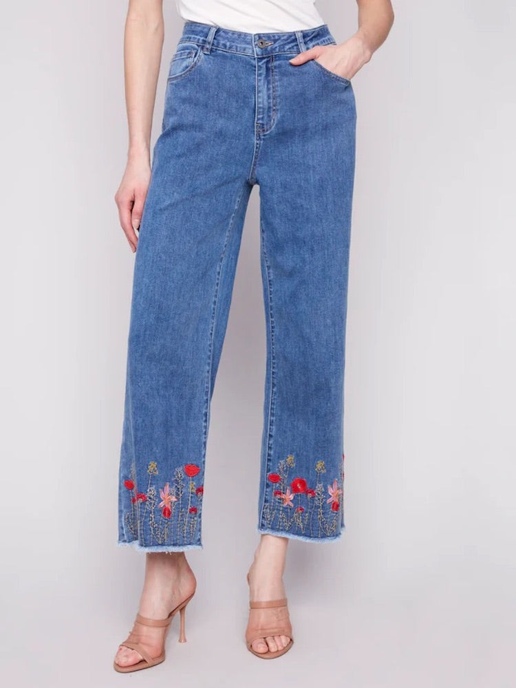 Wide Leg Jeans with Floral Embroidered Hem