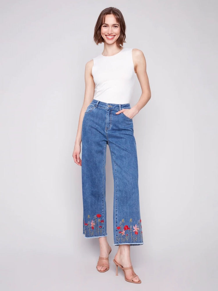 Wide Leg Jeans with Floral Embroidered Hem