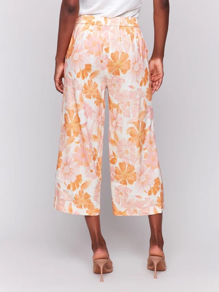 Printed Linen Cropped Pull-On Pants