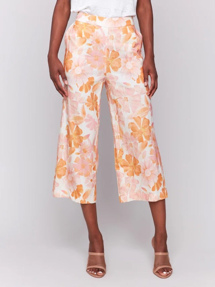 Printed Linen Cropped Pull-On Pants