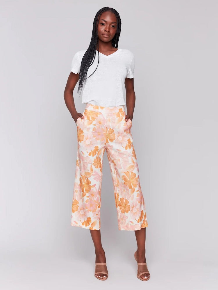 Printed Linen Cropped Pull-On Pants