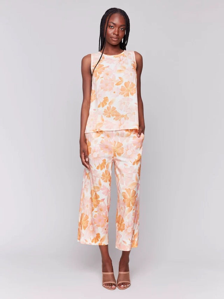 Printed Linen Cropped Pull-On Pants