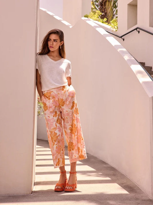 Printed Linen Cropped Pull-On Pants