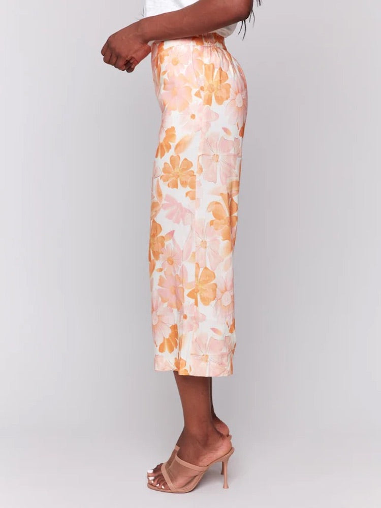 Printed Linen Cropped Pull-On Pants