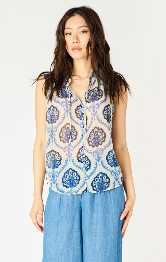 Sleeveless V-Neck Print Blouse