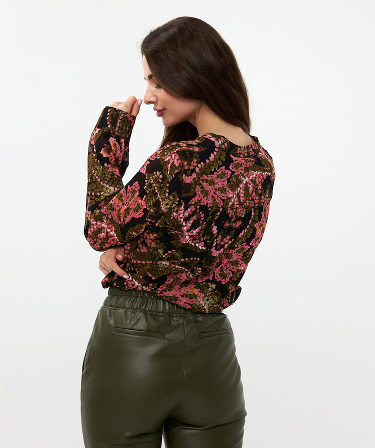 V-Neck Print Long Sleeve Blouse