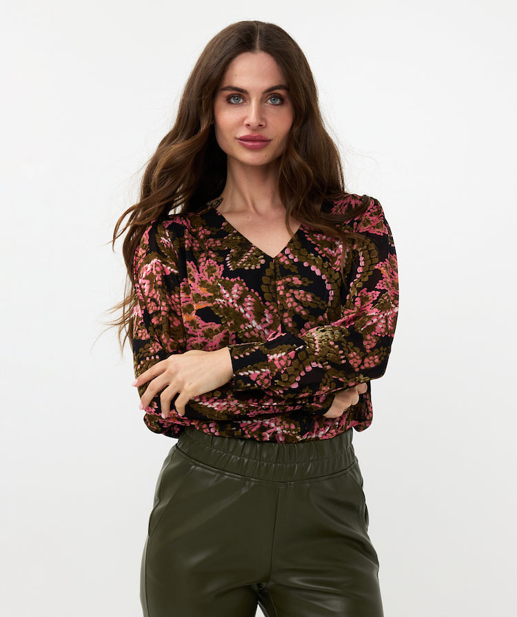 V-Neck Print Long Sleeve Blouse