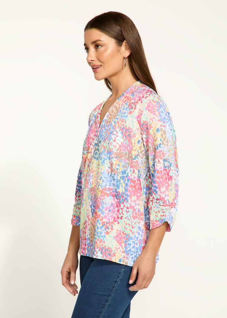 Dot Print V-Neck 3/4 Sleeve Top