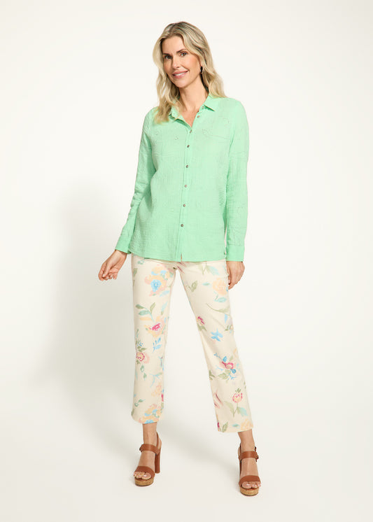 Floral Detail Textured Button Up Long Sleeve