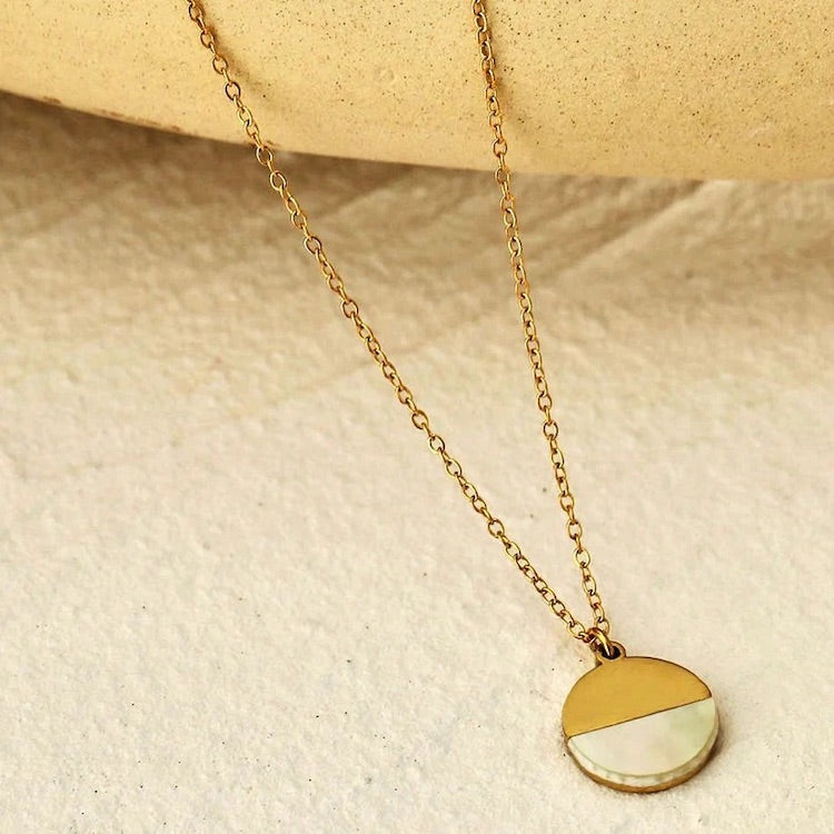 EMERSYN: Minimalist Metal & Shell Circle Pendant Necklace