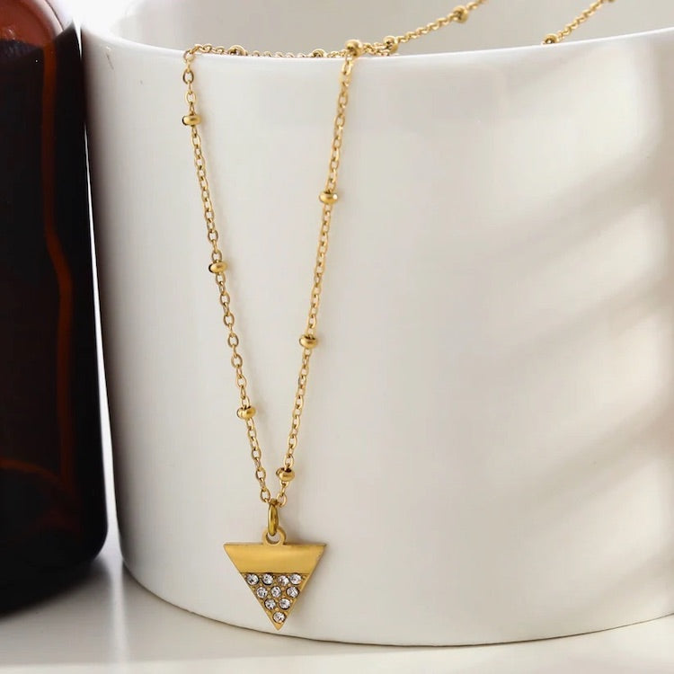 URIKA Beaded Chain Necklace with Zirconia Pavé Triangle Pendant