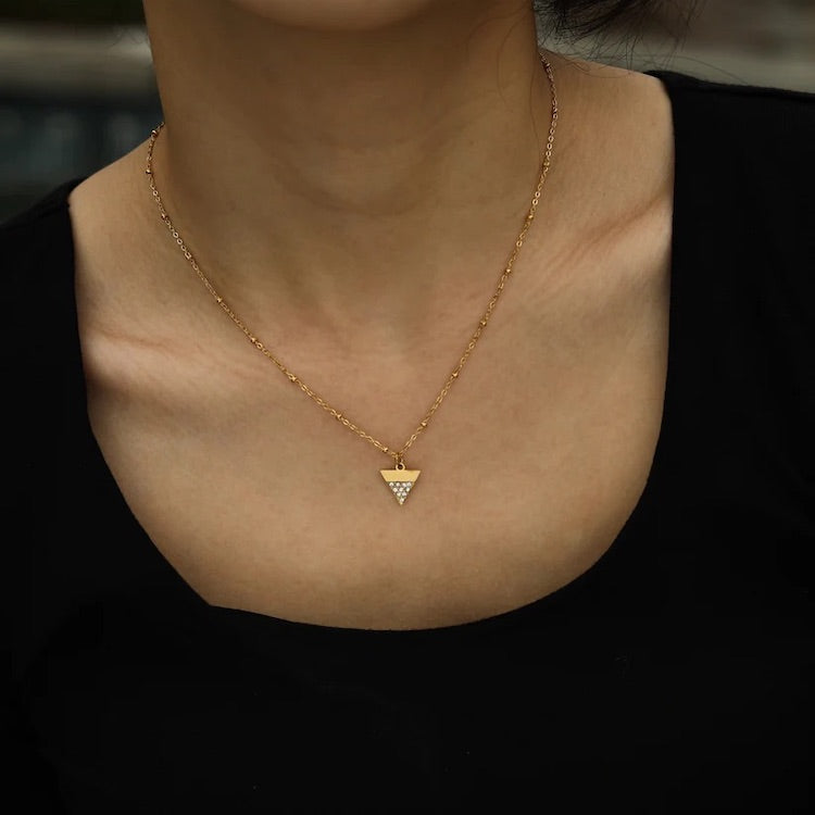 URIKA Beaded Chain Necklace with Zirconia Pavé Triangle Pendant