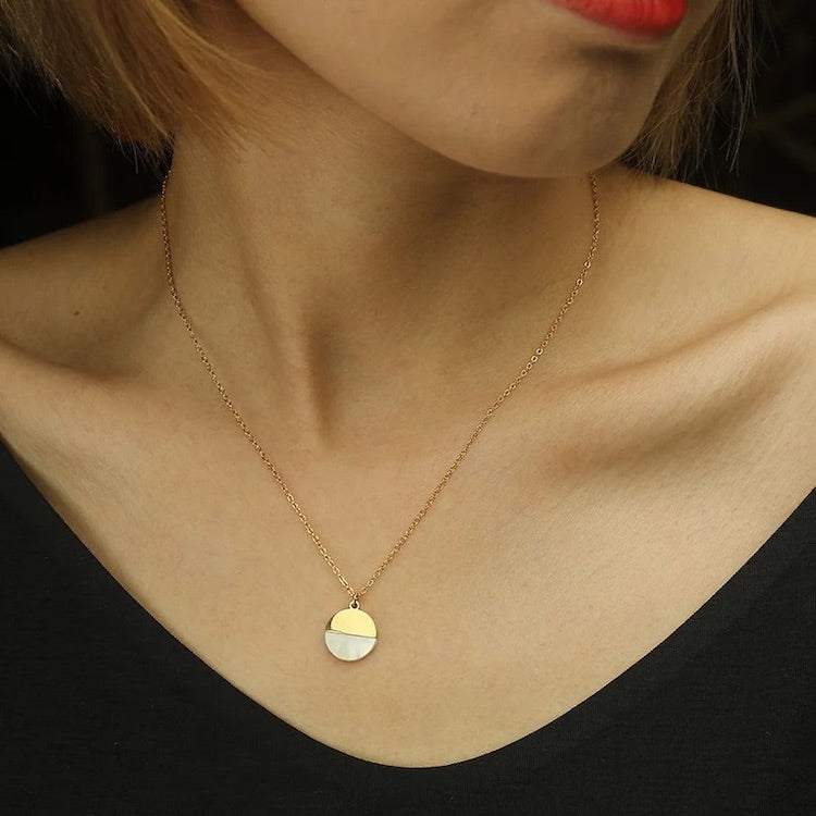 EMERSYN: Minimalist Metal & Shell Circle Pendant Necklace