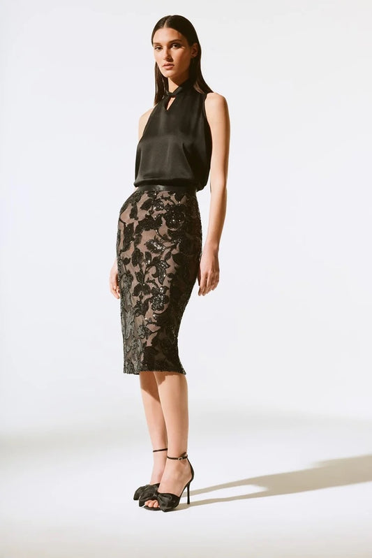 Embroidered Floral Midi Skirt