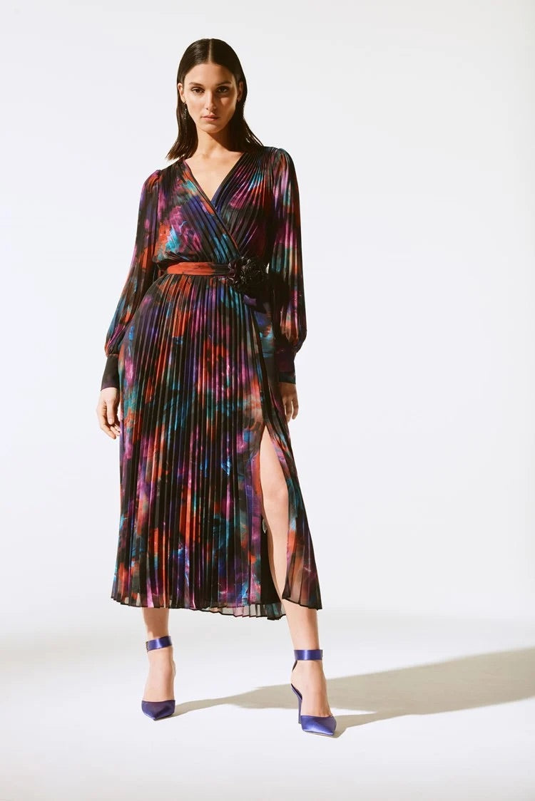 Pleated Wrap Midi Dress