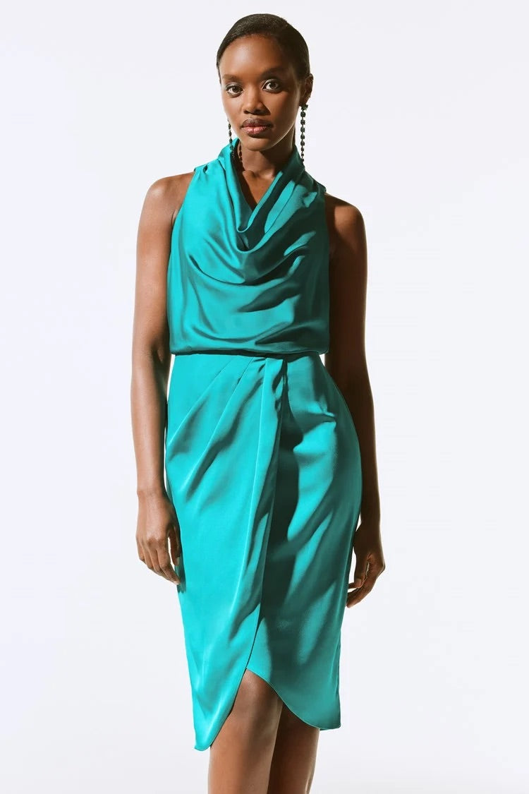 Cowl Neck Wrap Midi Dress