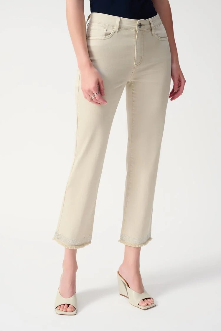 Denim Straight Pants With Frayed Hem