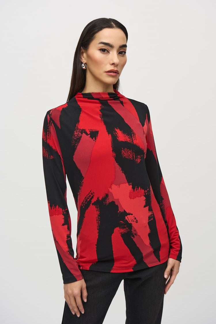 Silky Knit Abstract Print Mock Neck Top