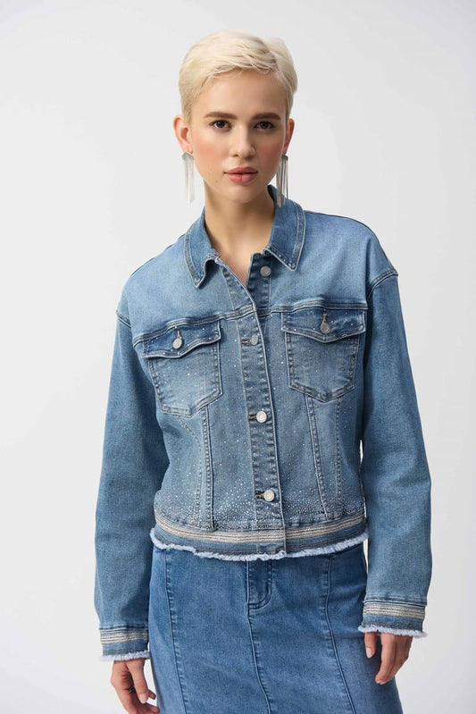 Casual Denim Jacket With Frayed Hem