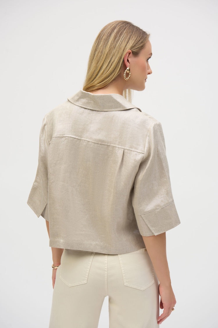 Foiled Linen Blend Short Sleeve Boxy Jacket