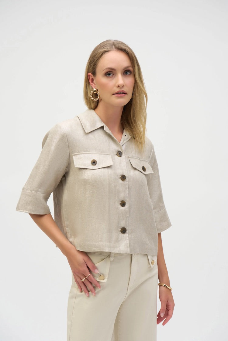 Foiled Linen Blend Short Sleeve Boxy Jacket