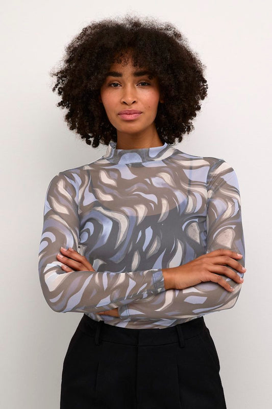 KAjohanne Abstract Print Long Sleeve Mesh Top