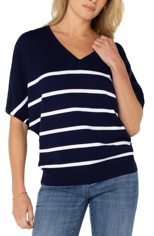 Short Sleeve Dolman Striped V-Neck Sweater