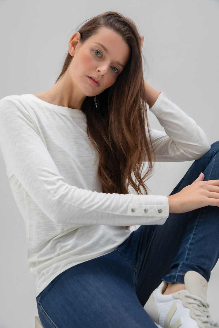 Classic Fit Crew Neck Top With Branded Button Cuff Detail